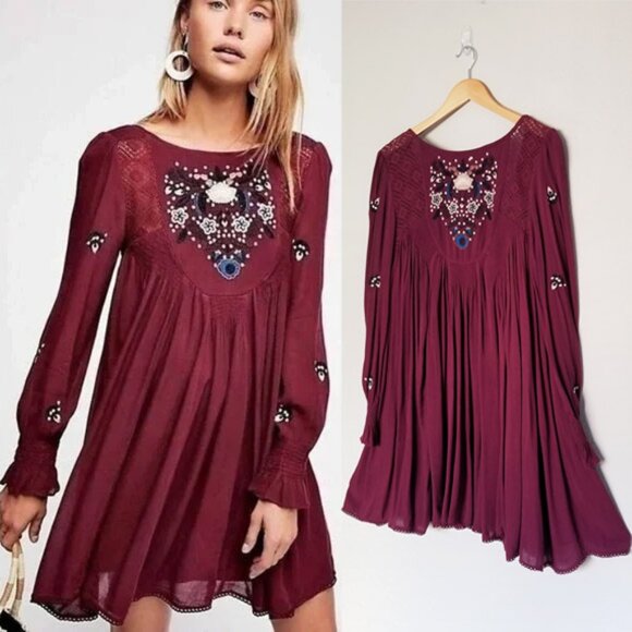 Free People Mohave Embroidered Daytime Mini Dress Babydoll Plum Burgundy M $148 - Picture 1 of 16